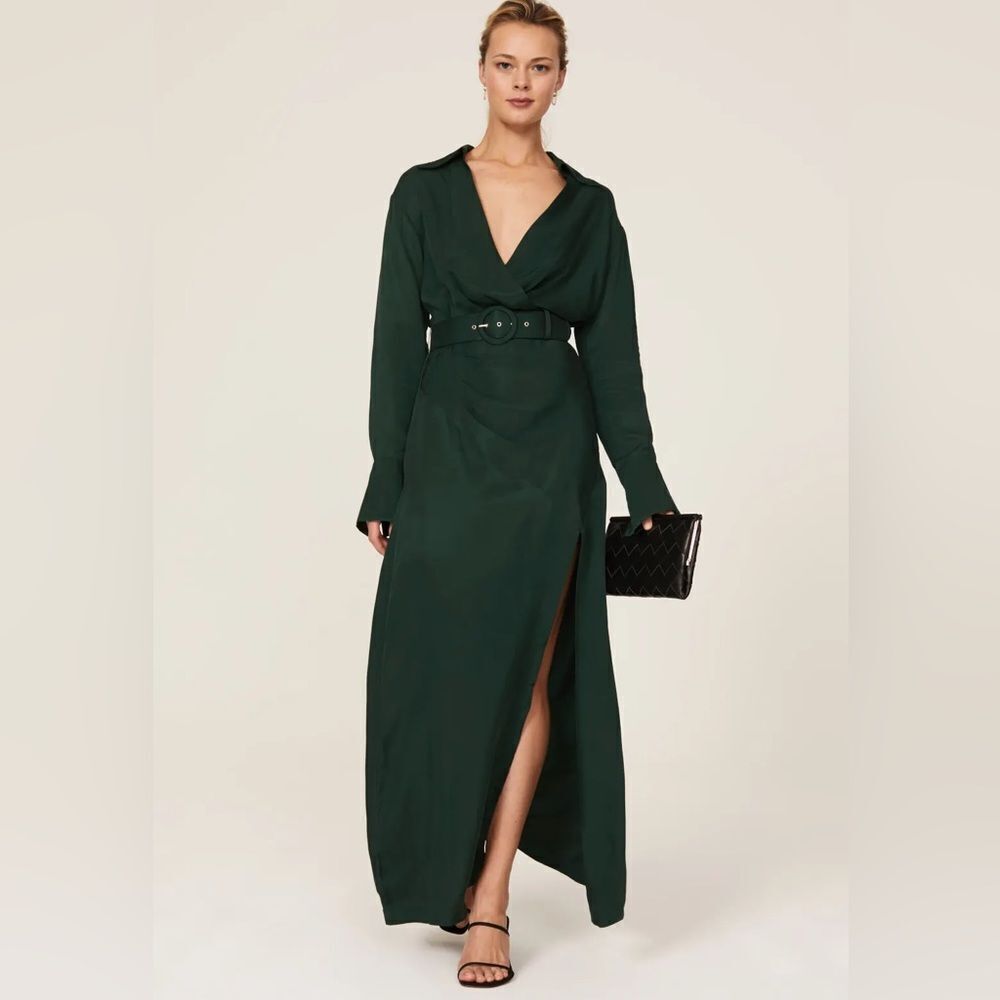 NICHOLAS Deep Green Satin Dress Maxi - NEW - Size 6 BELTED